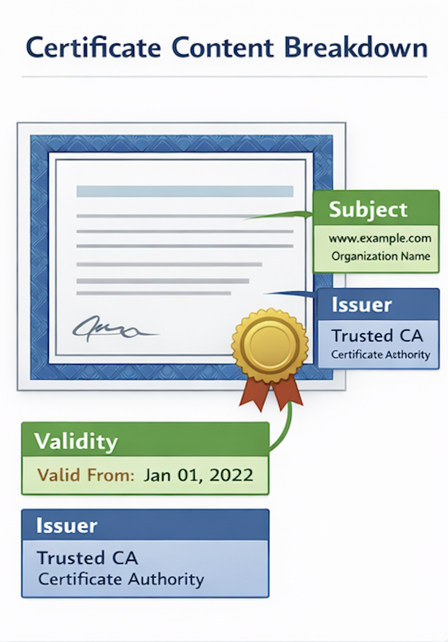 An X.509 Certificate contains key identity and trust details, including the subject, issuer, and validity period.