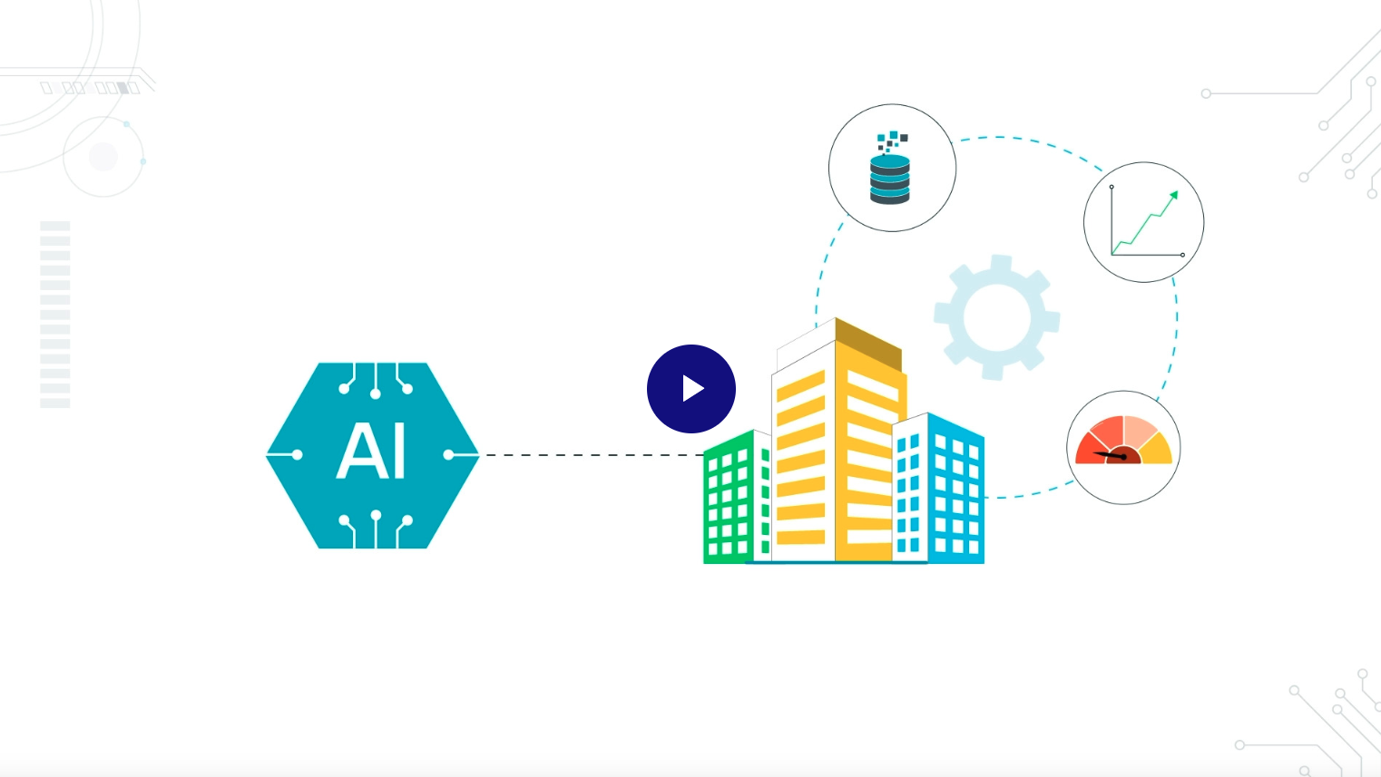 Image of buildings next to and AI icon, with a play button layered on top.